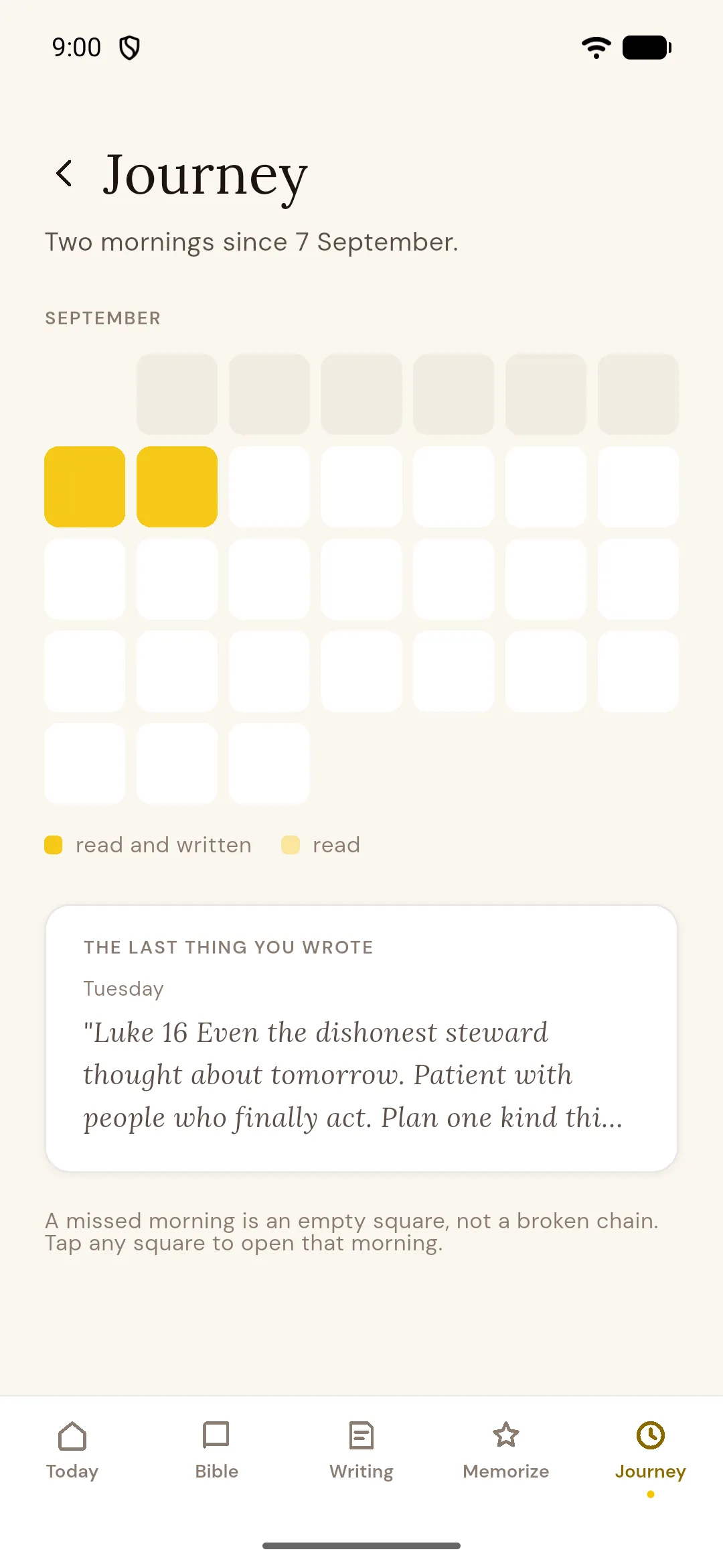 A month grid with two mornings filled in