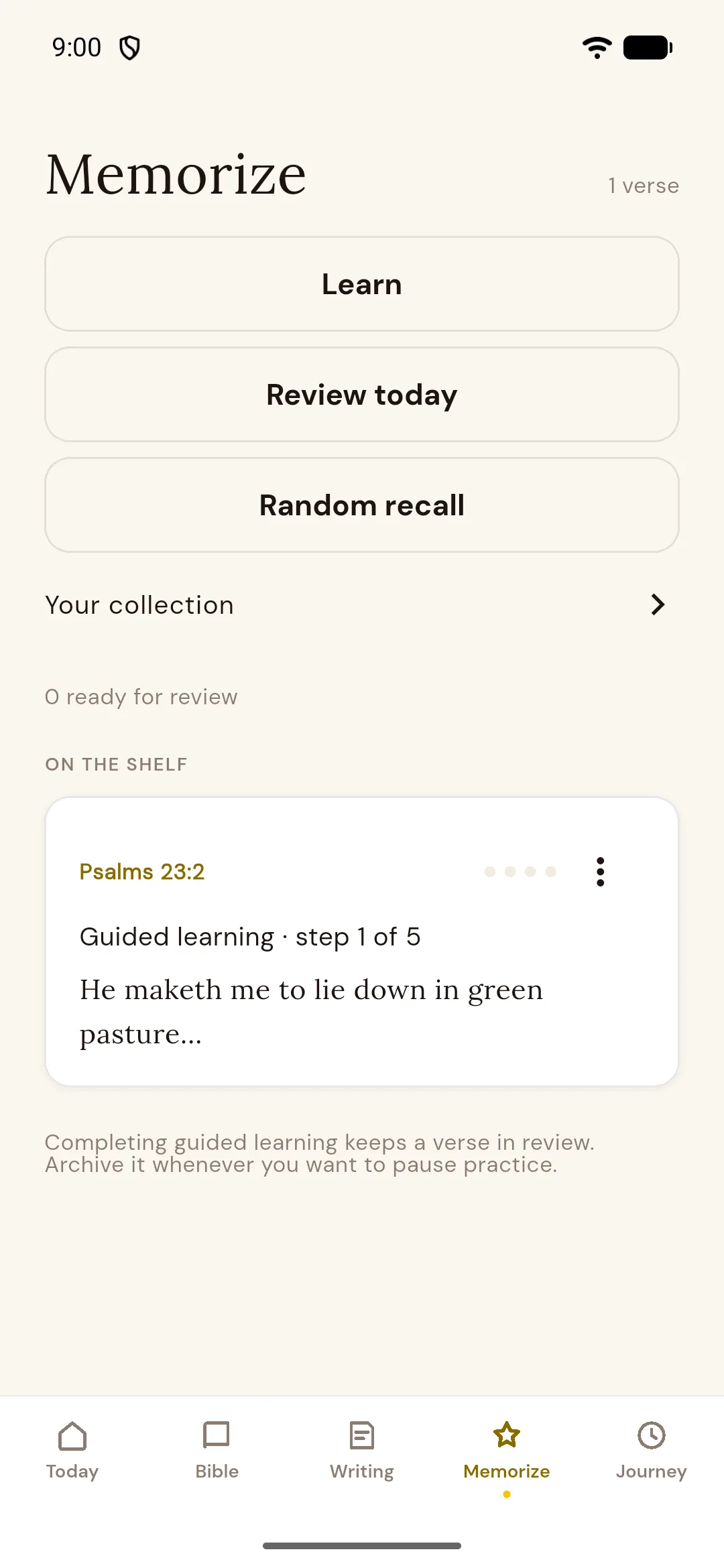 The memorising shelf with one verse in progress