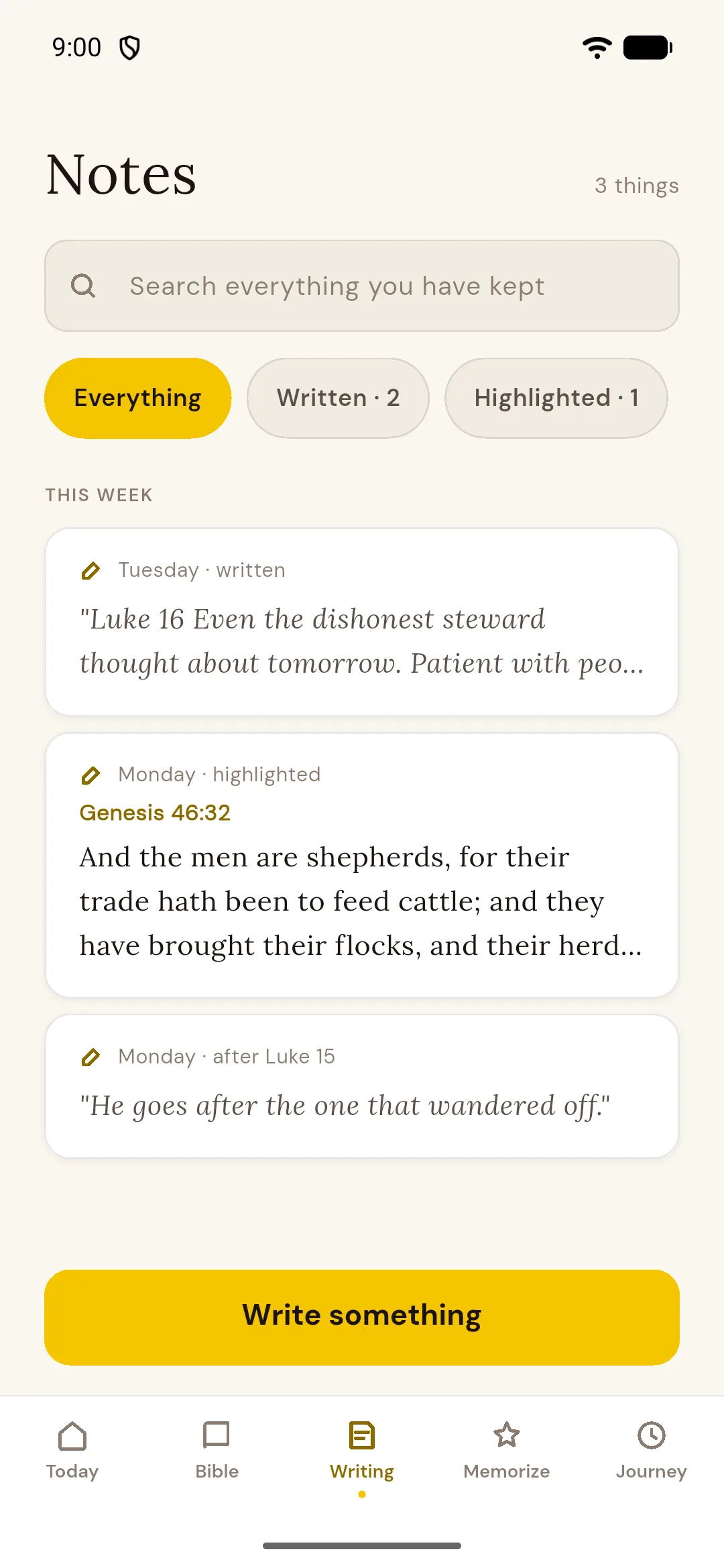 Notes list with written reflections and highlights