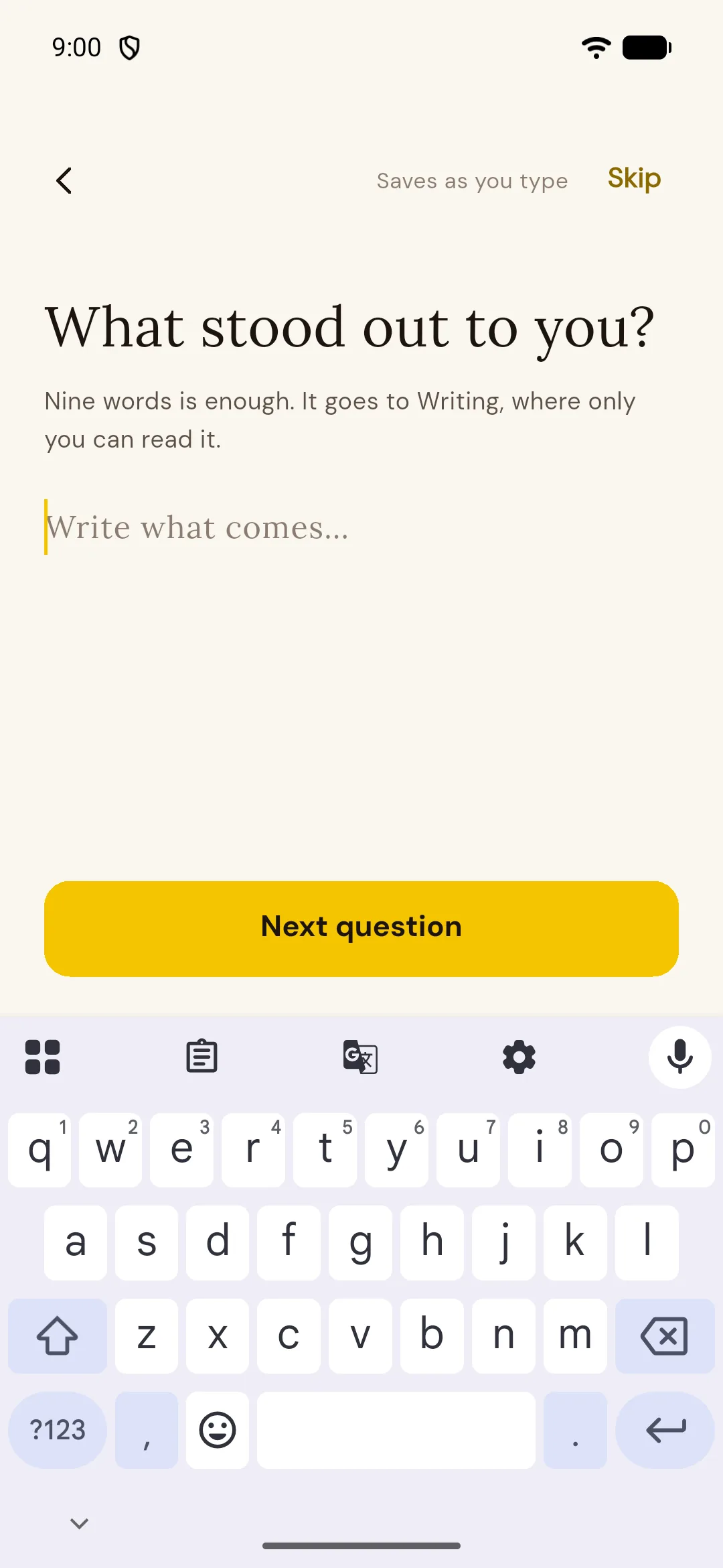 The prompt "What stood out to you?" with a writing field