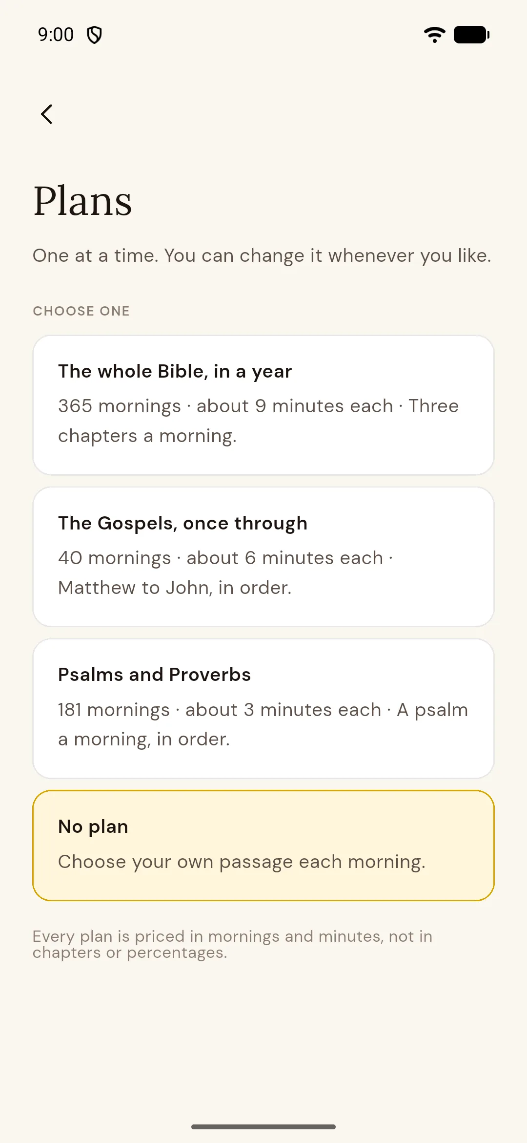Reading plan options, each labelled with mornings and minutes