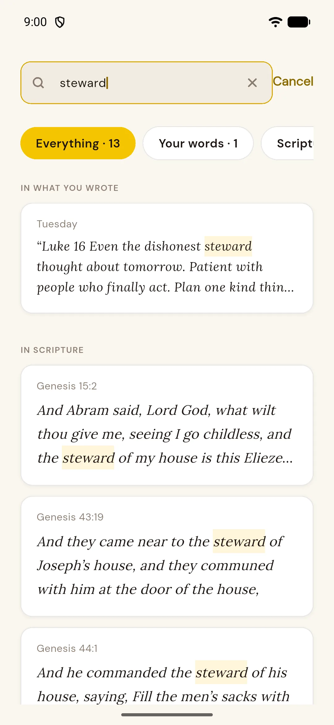 Search results showing matches in both writing and scripture