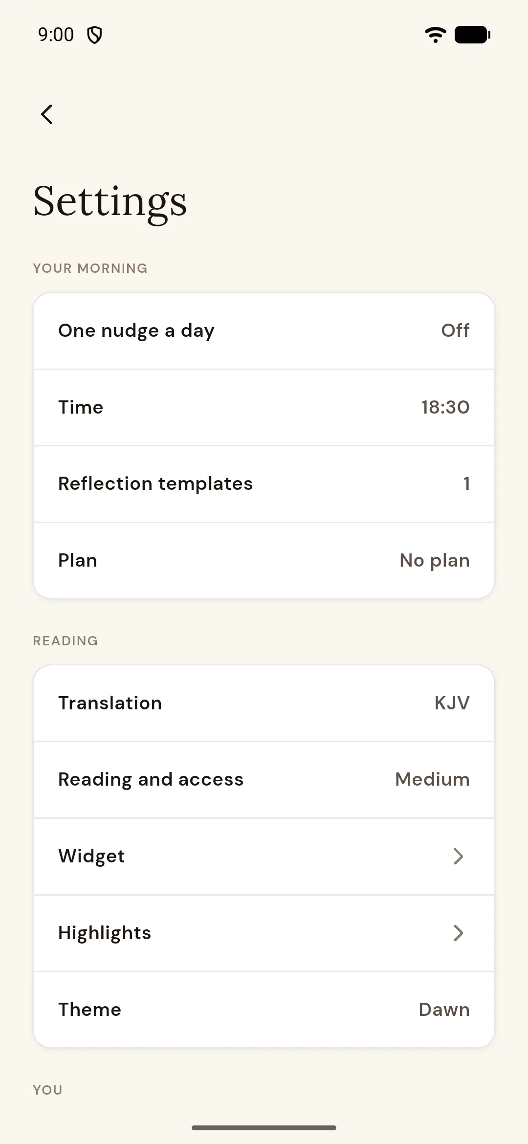 Settings, including translation, theme and reminder time