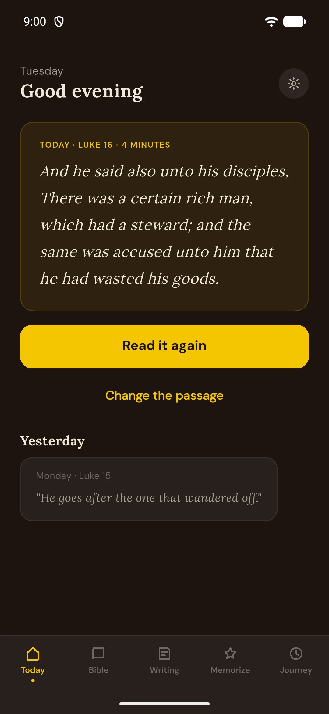 The Quiet Verse Today screen in the dark theme