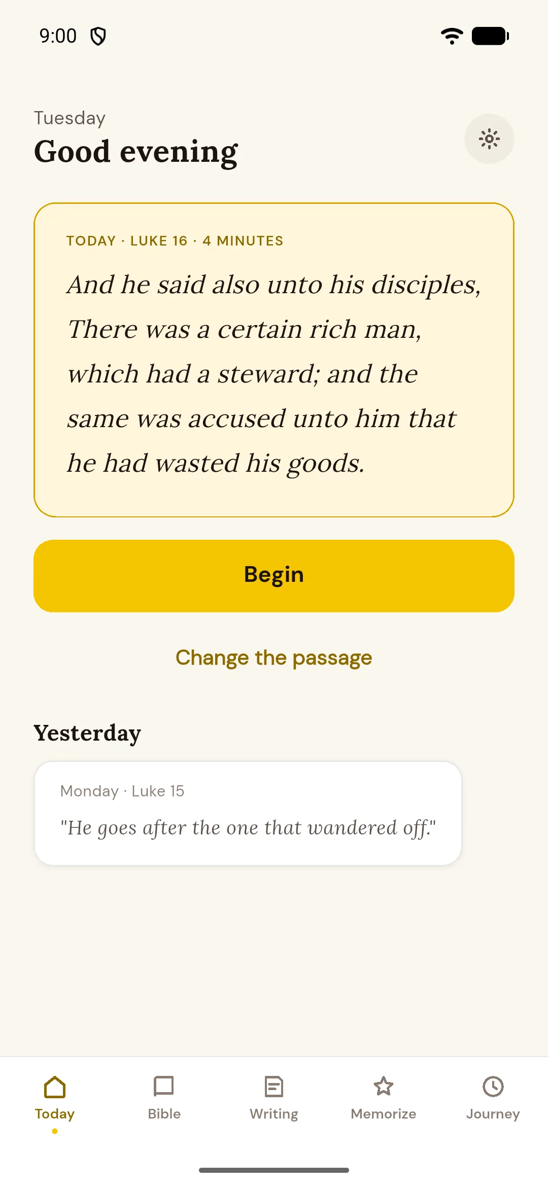 The Quiet Verse Today screen, showing the day's passage and yesterday's reflection