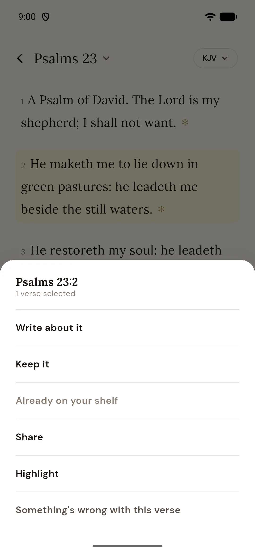 Verse actions: write, keep, memorise, share, highlight